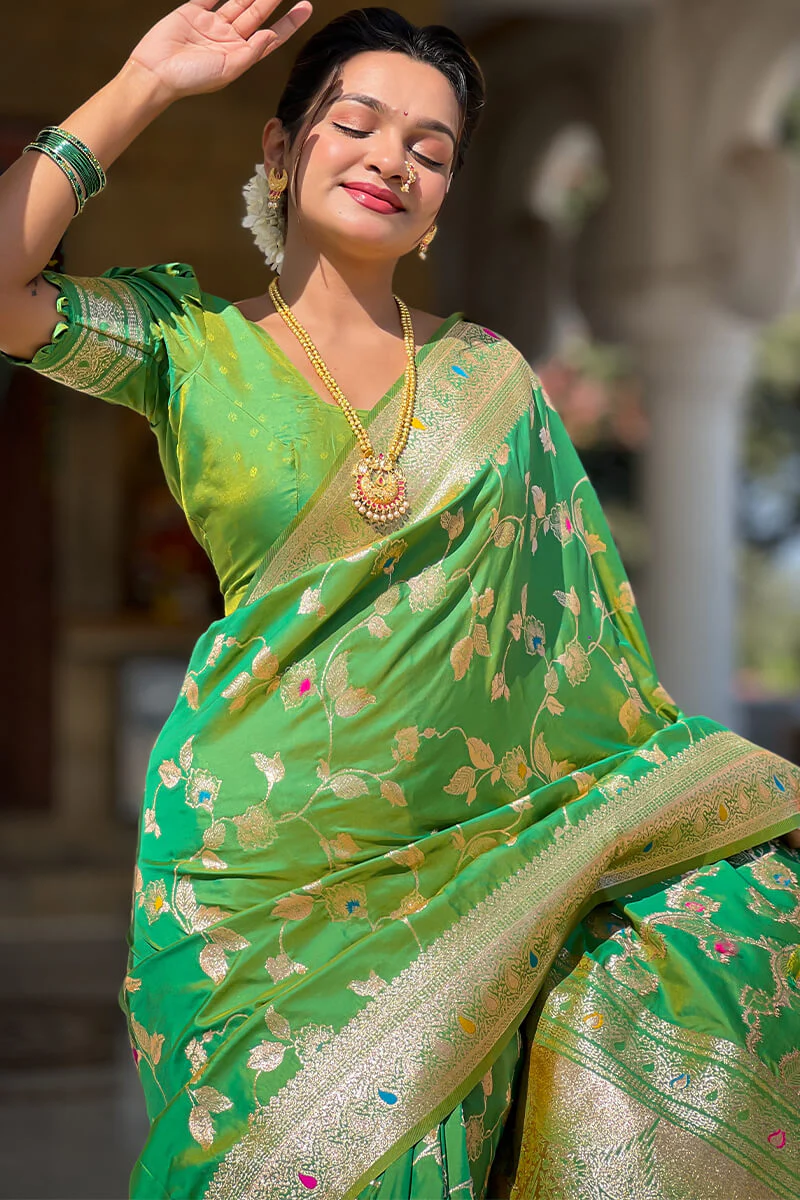 Angelic Mehndi Soft Banarasi Silk Saree With Chatoyant Blouse Piece - Image 5