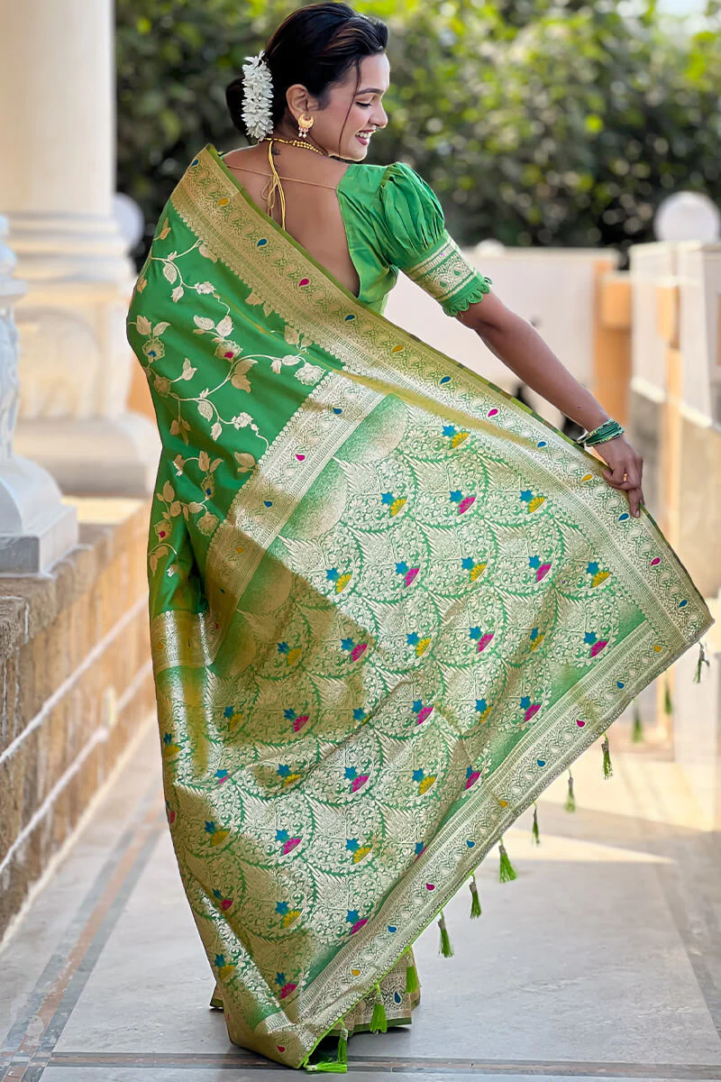 Angelic Mehndi Soft Banarasi Silk Saree With Chatoyant Blouse Piece - Image 6