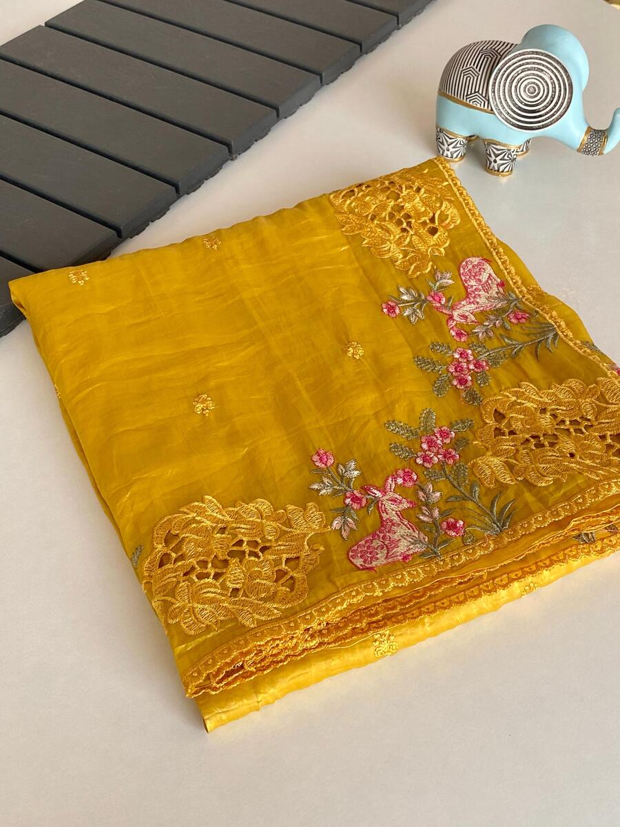 Angelic Mustard Embroidery Work Crush Silk Saree With Fragrant Blouse Piece - Image 2