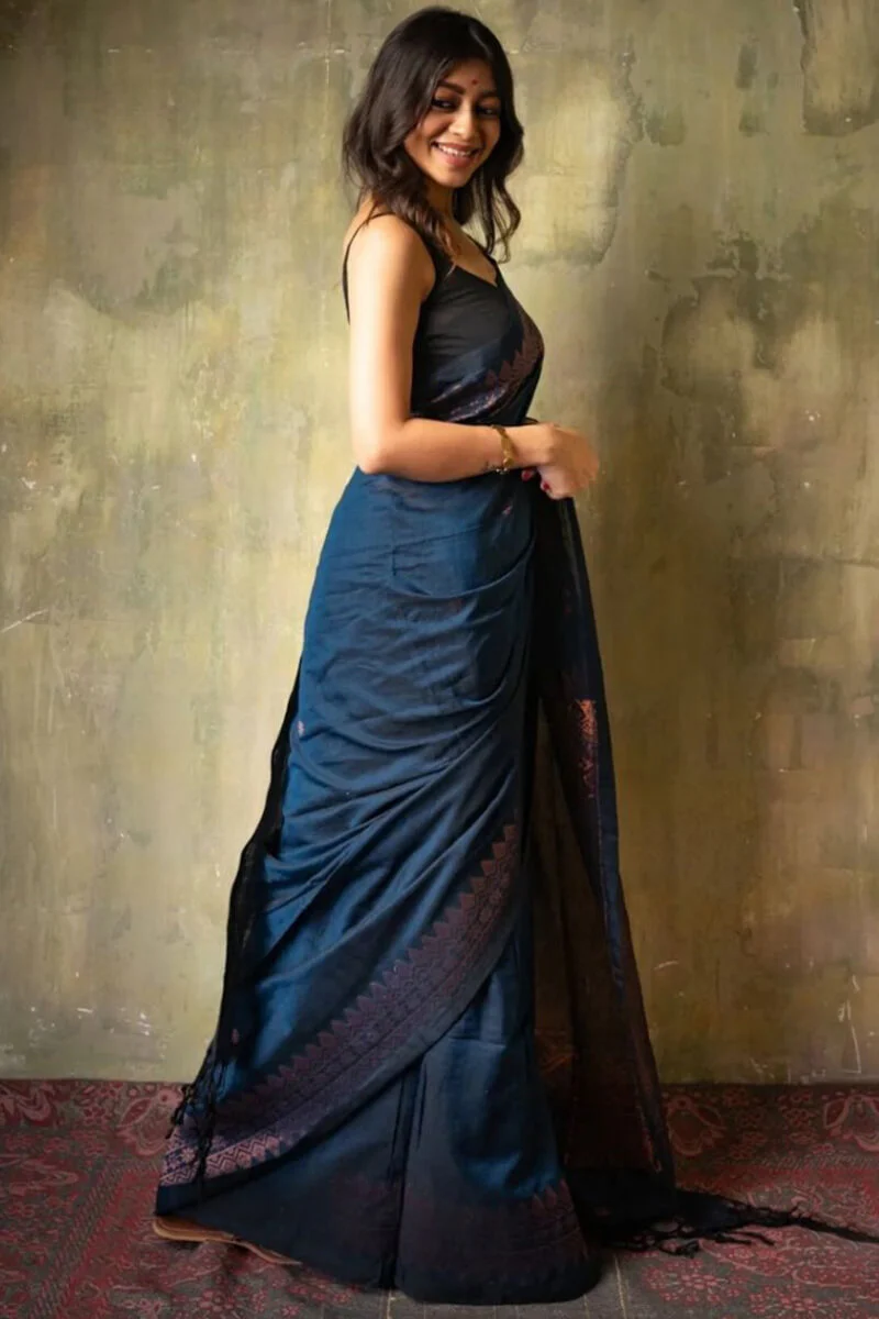 Angelic Navy Blue Soft Silk Saree With Assemblage Blouse Piece - Image 3