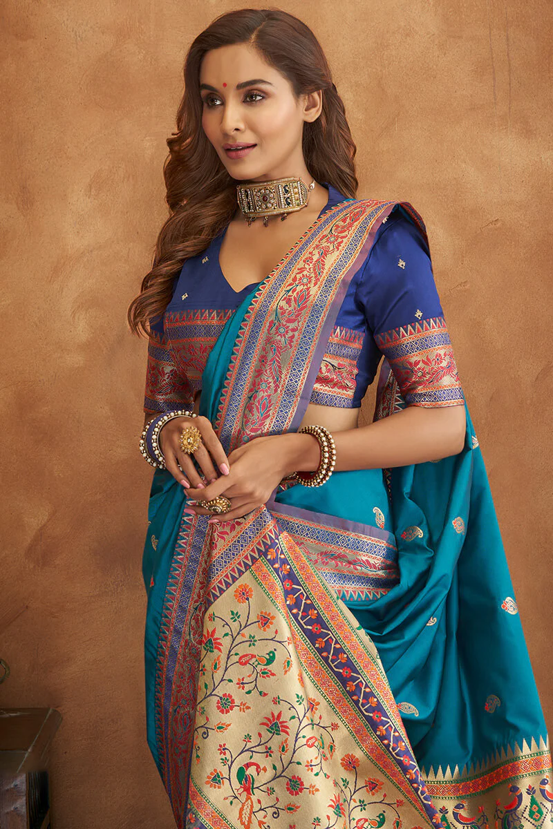 Angelic Teal Blue Soft Banarasi Silk Saree With Fairytale Blouse - Image 4