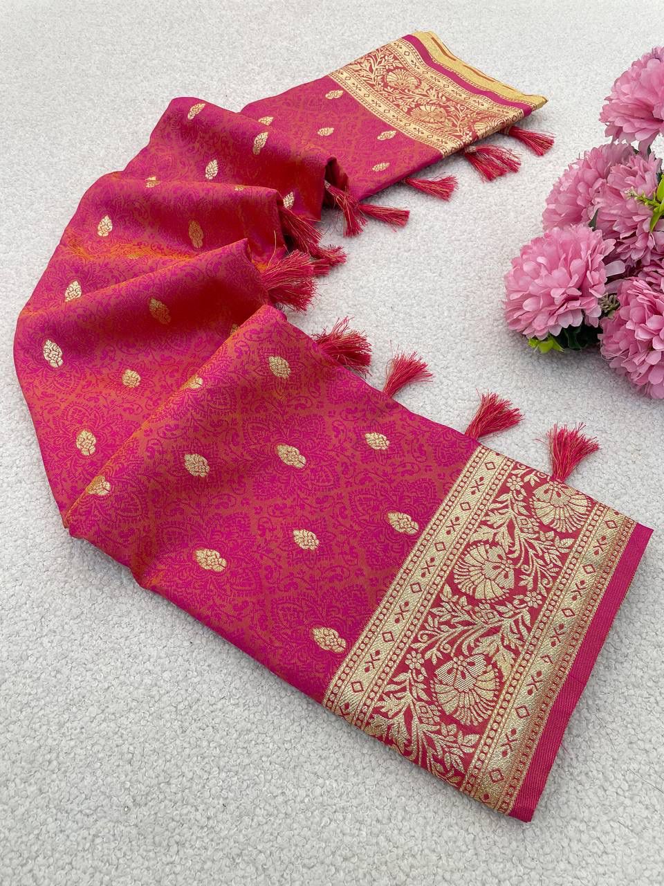 Aplomb Dark Pink Pure Zari Weaving Banarasi Silk Saree With Flattering Blouse Piece - Image 2
