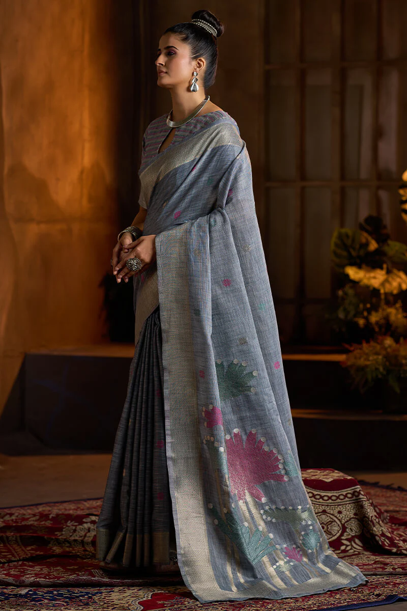 Aplomb Grey Cotton Silk Saree With Devastating Blouse Piece - Image 3