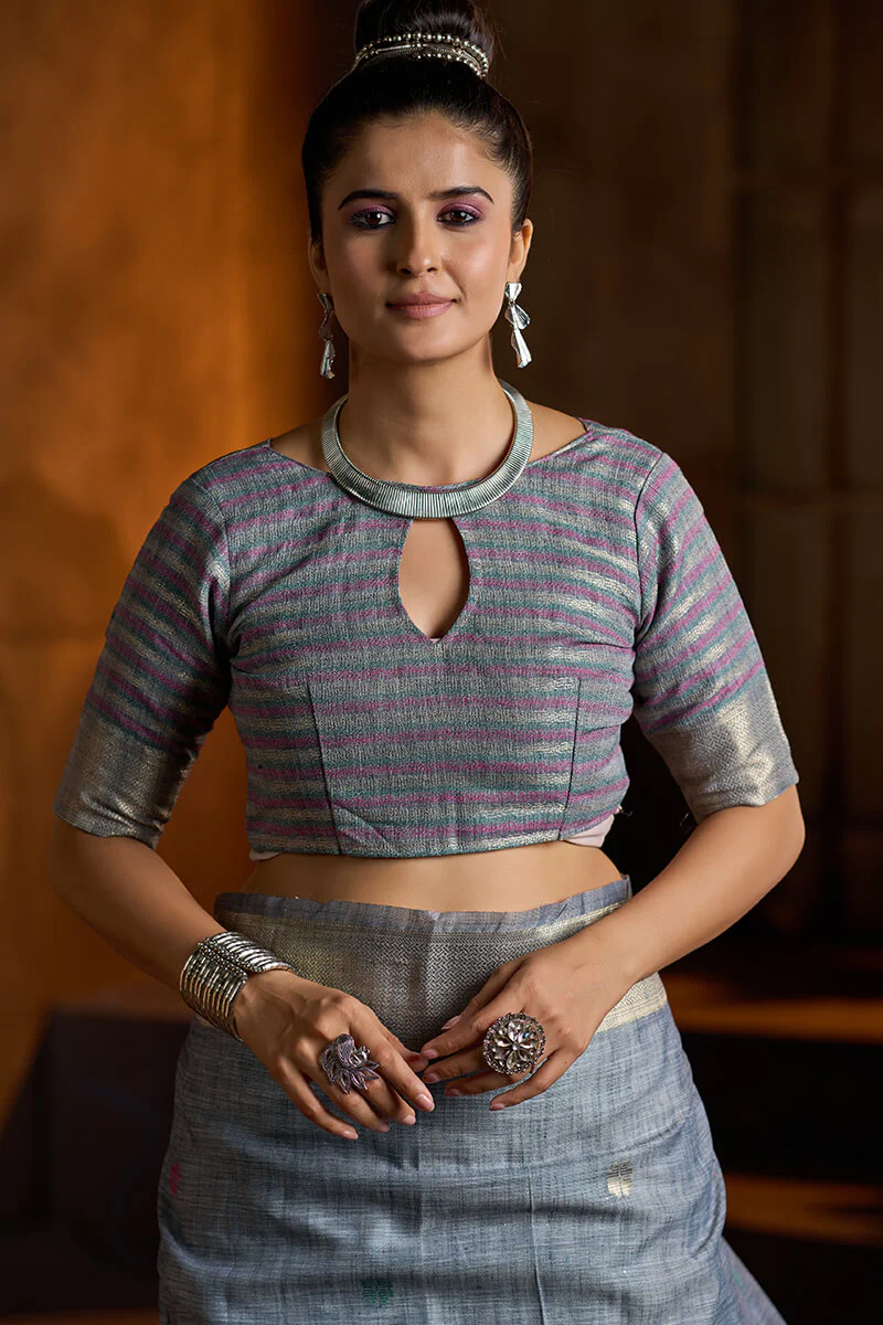 Aplomb Grey Cotton Silk Saree With Devastating Blouse Piece - Image 4