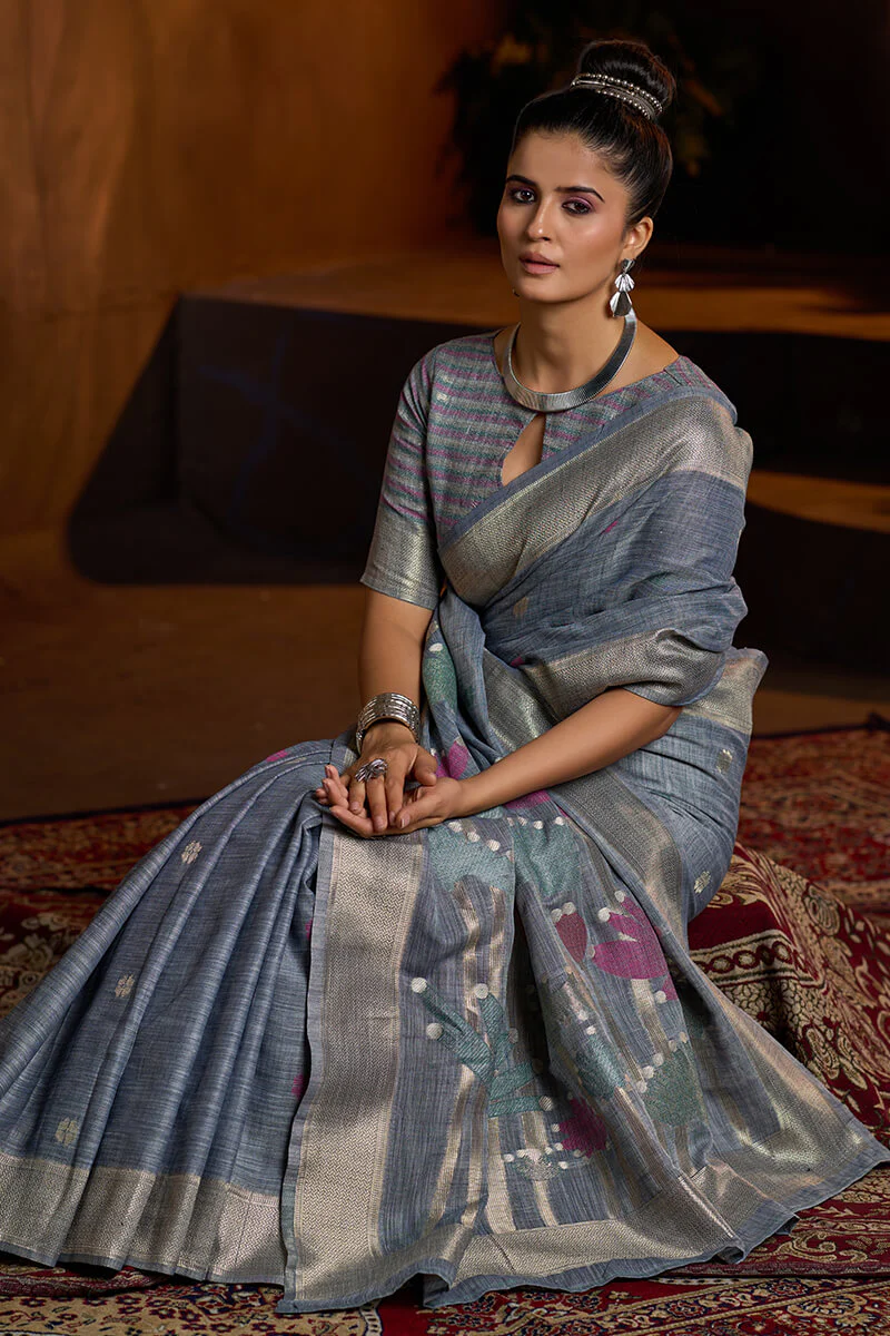 Aplomb Grey Cotton Silk Saree With Devastating Blouse Piece - Image 5
