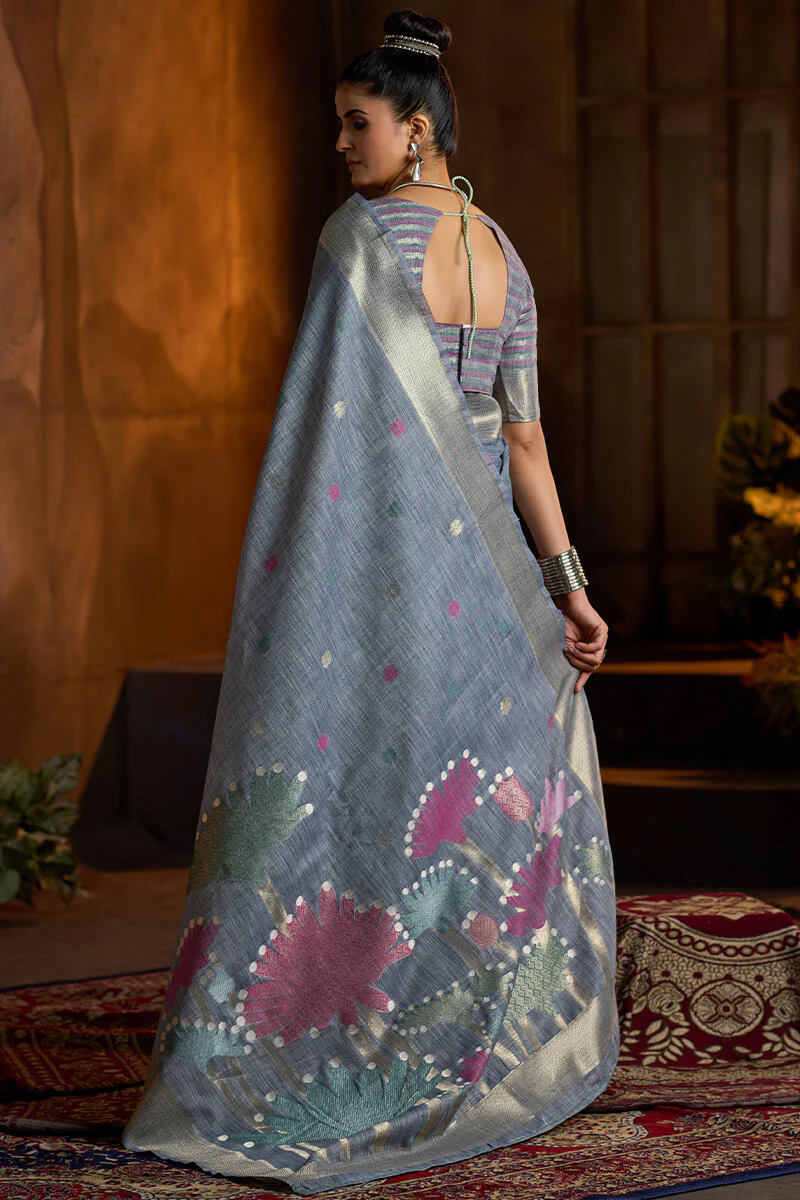 Aplomb Grey Cotton Silk Saree With Devastating Blouse Piece - Image 6