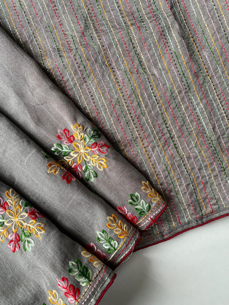 Aplomb Grey Embroidery Work Tussar Silk Saree With Ornate Blouse Piece - Image 5