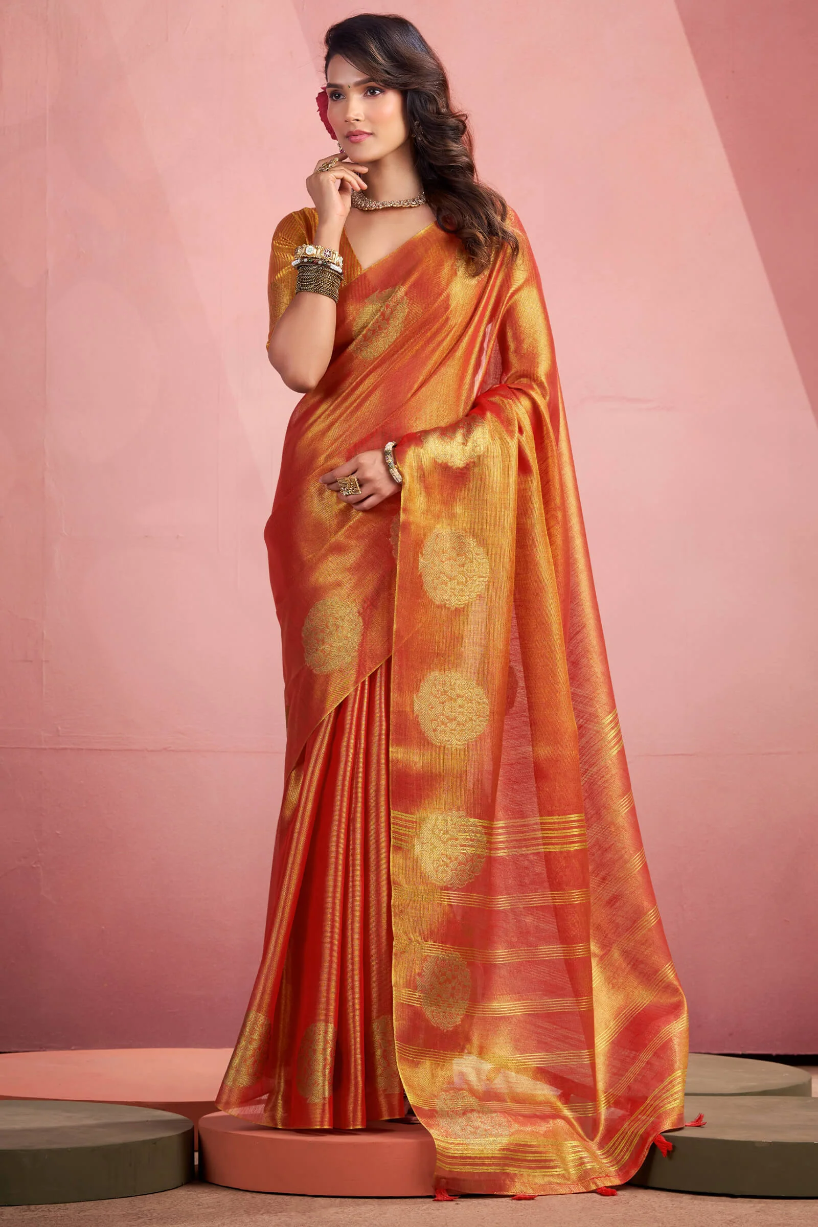 Aplomb Orange Soft Banarasi Tissue Silk Saree With Deserving Blouse Piece - Image 3