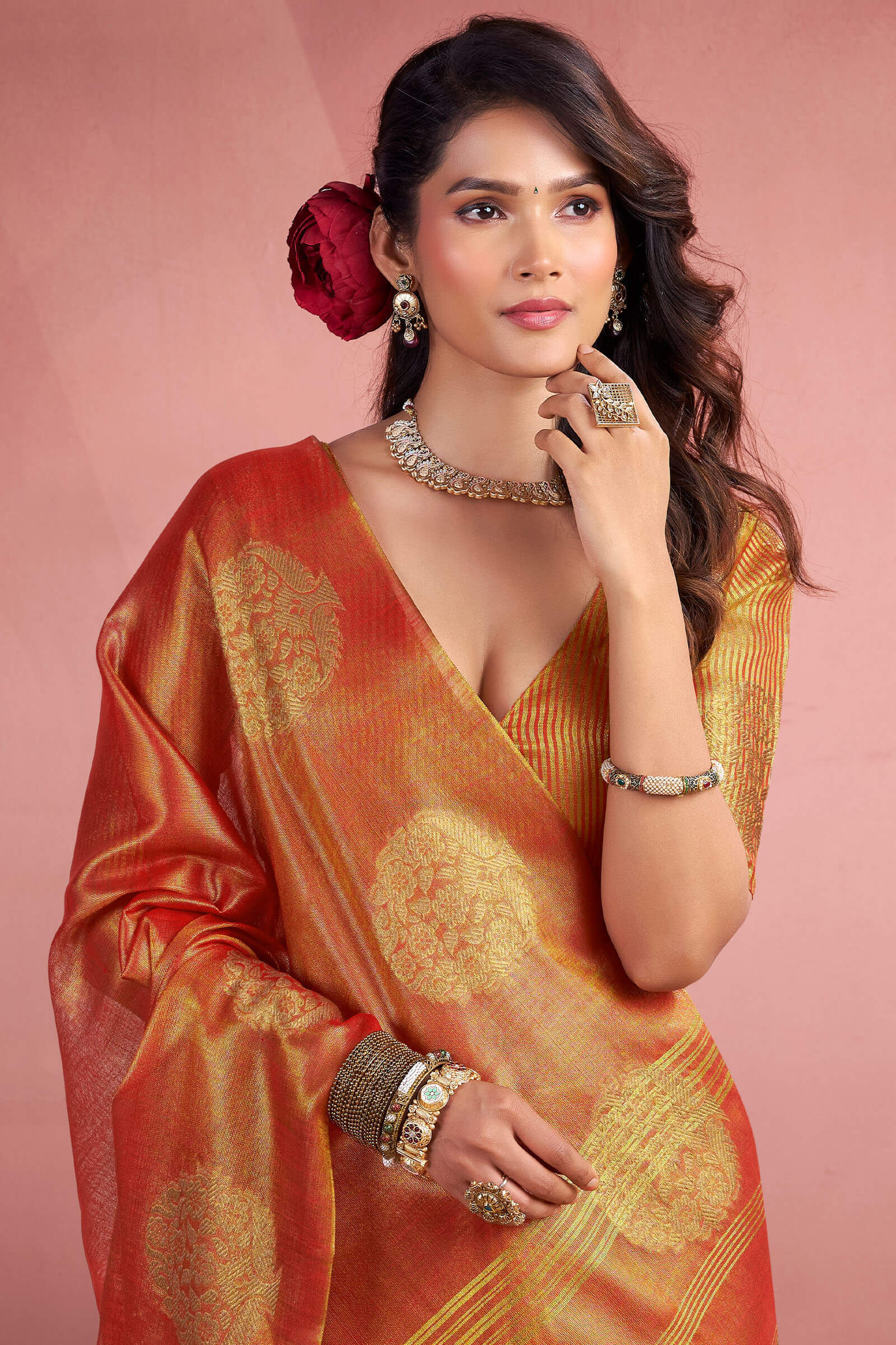 Aplomb Orange Soft Banarasi Tissue Silk Saree With Deserving Blouse Piece - Image 4