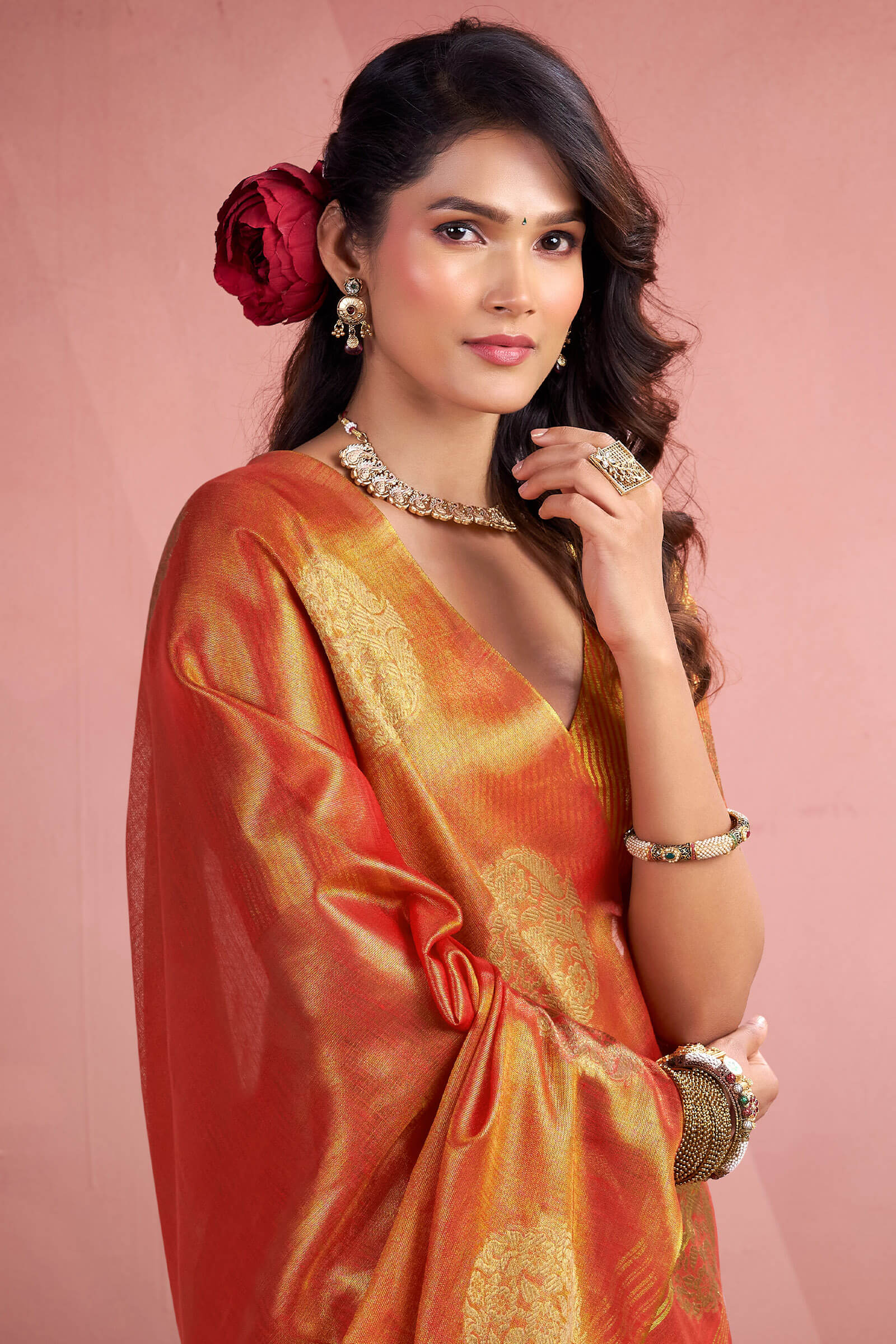Aplomb Orange Soft Banarasi Tissue Silk Saree With Deserving Blouse Piece - Image 5