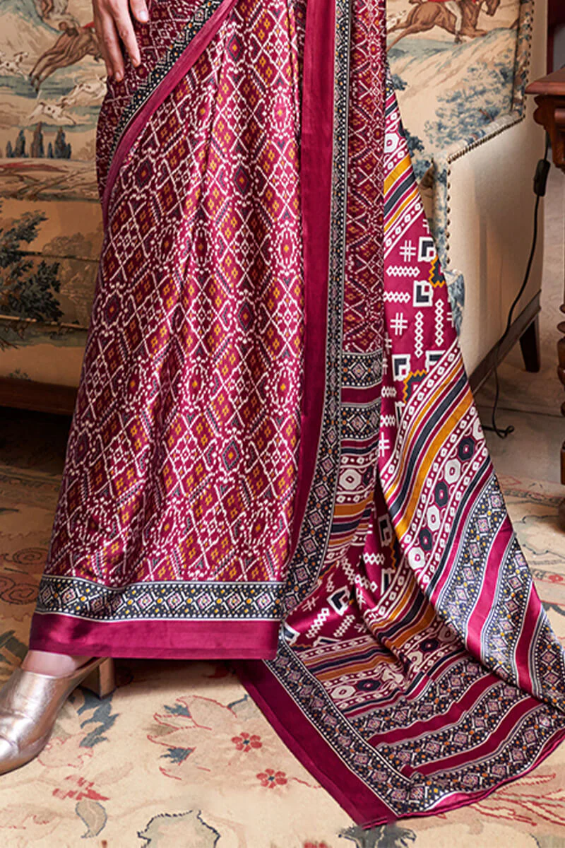 Aplomb Wine Digital Printed Satin Silk Saree With Ravishing Blouse Piece - Image 3