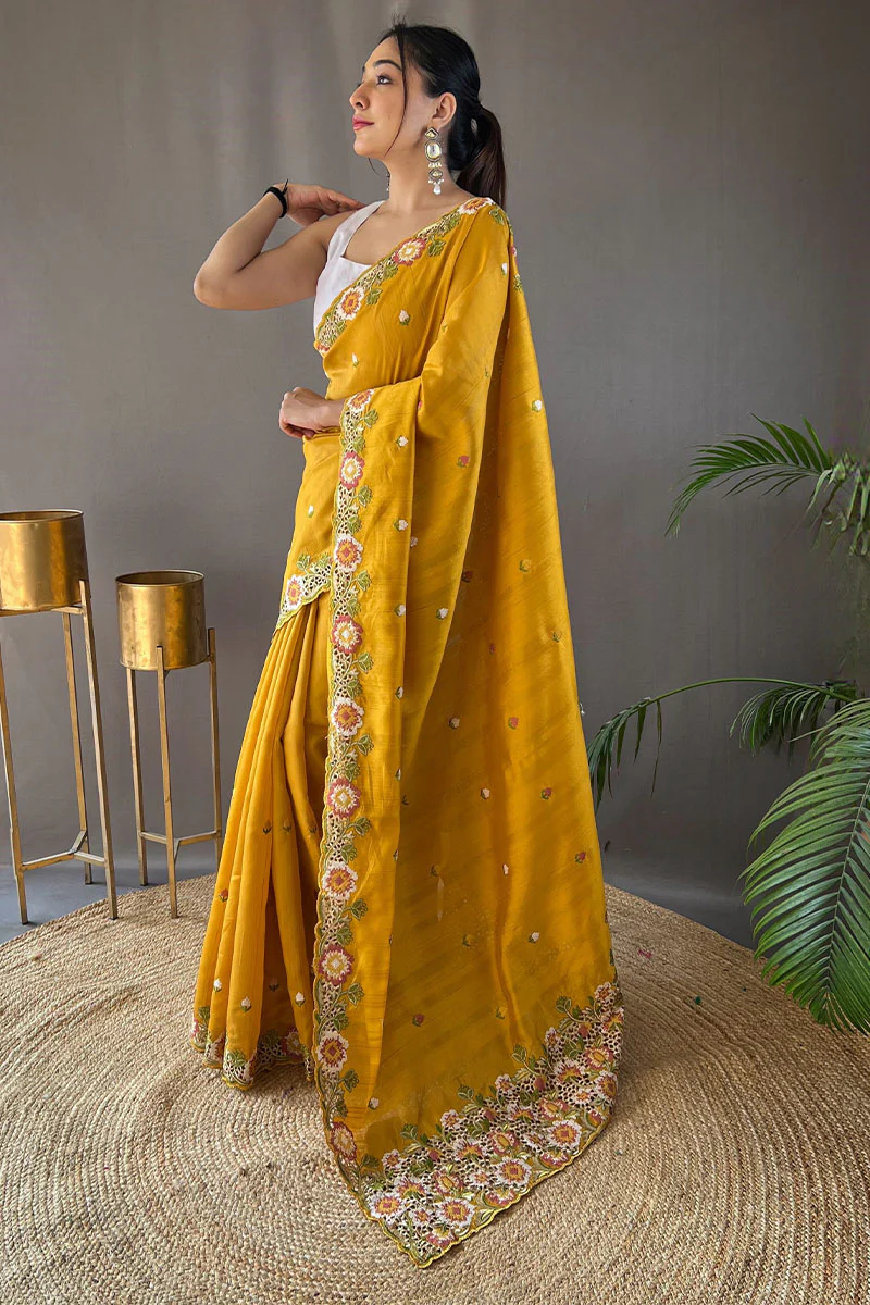 Aplomb Yellow Embroidery Work Tussar Silk Saree With Ethereal Blouse Piece - Image 3