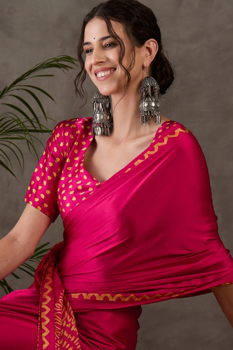 Appealing Dark Pink Ajrakh Printed Semi Modal Silk Saree With Elision Blouse Piece - Image 2