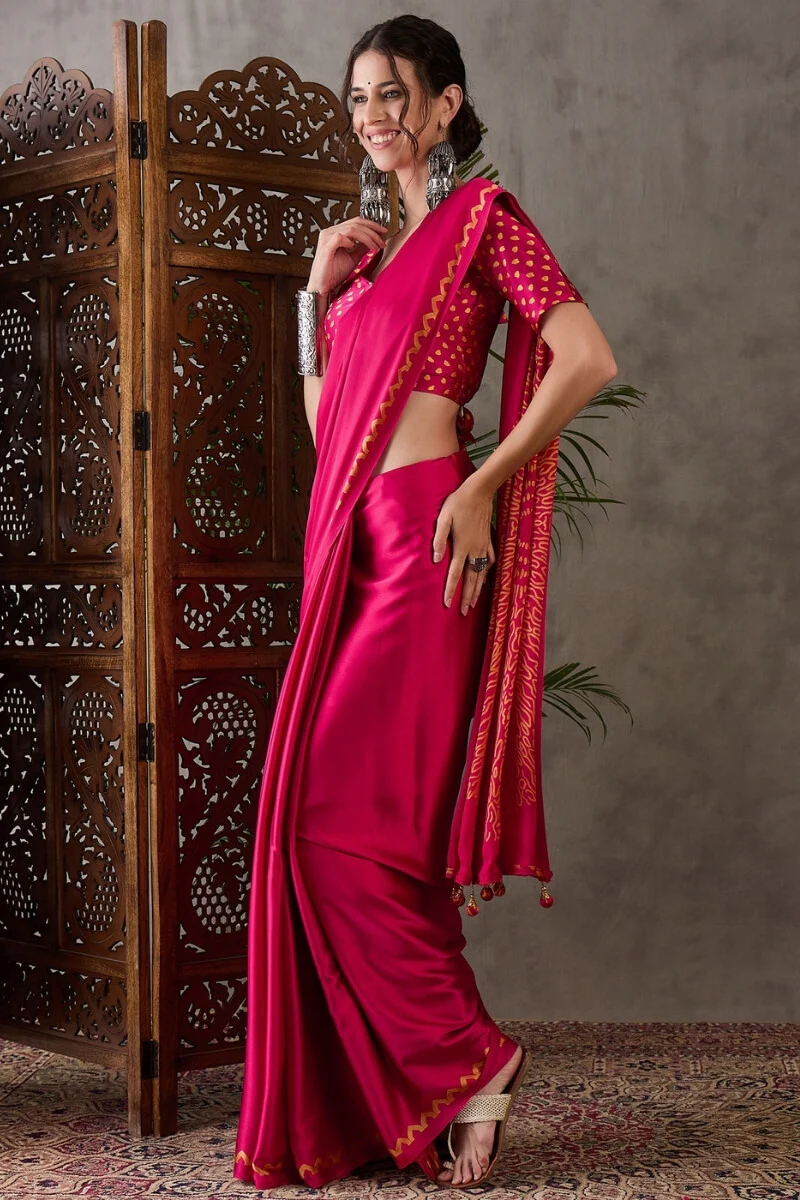 Appealing Dark Pink Ajrakh Printed Semi Modal Silk Saree With Elision Blouse Piece - Image 3