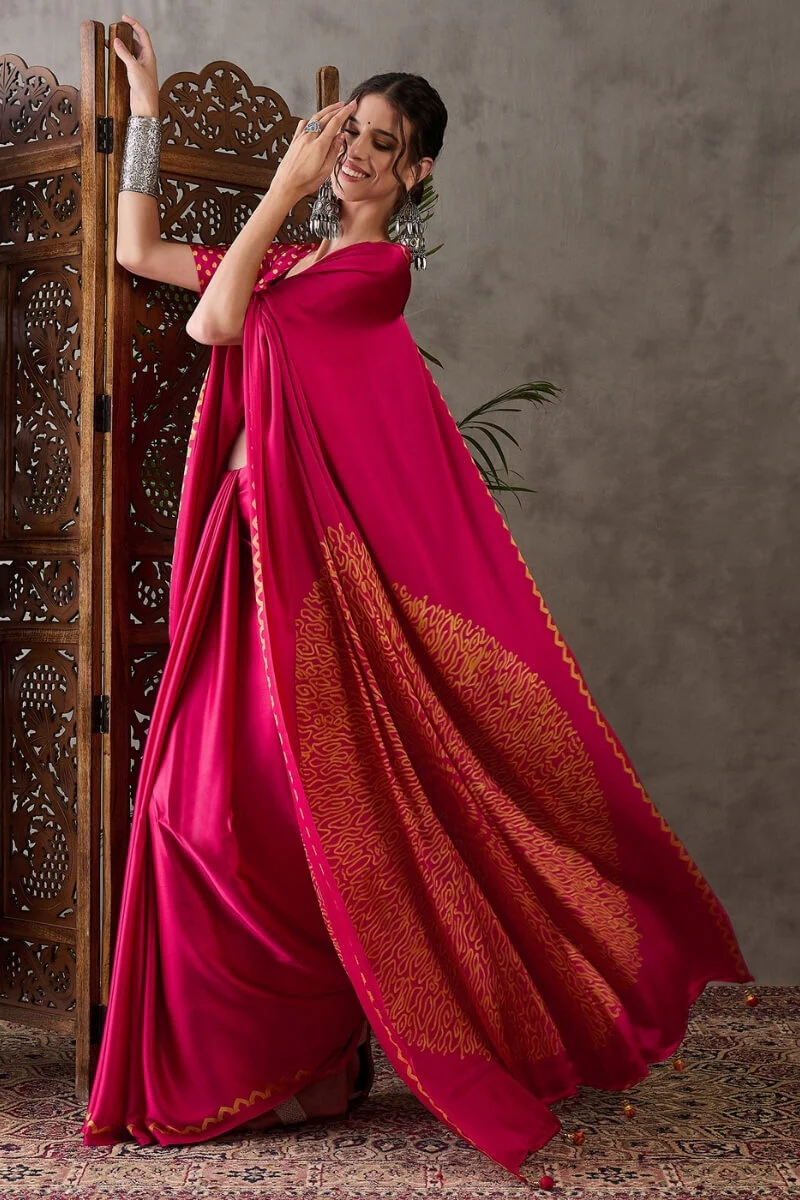 Appealing Dark Pink Ajrakh Printed Semi Modal Silk Saree With Elision Blouse Piece - Image 5