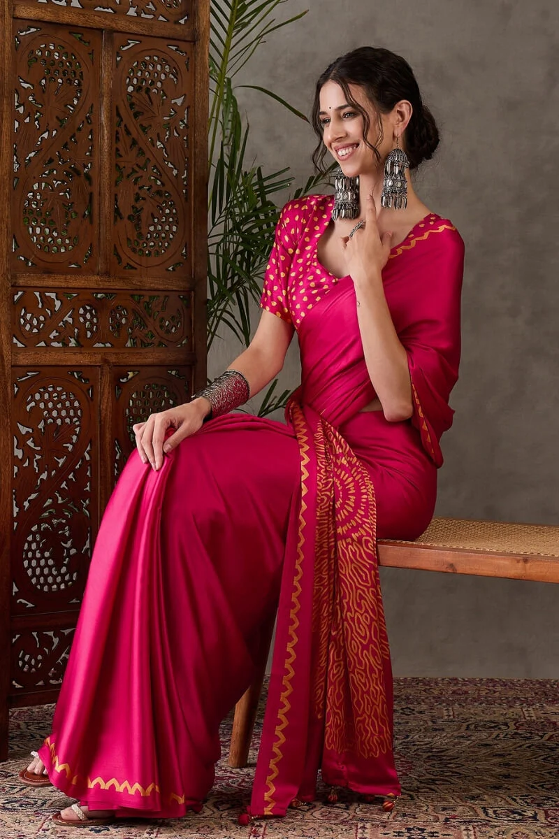 Appealing Dark Pink Ajrakh Printed Semi Modal Silk Saree With Elision Blouse Piece - Image 6