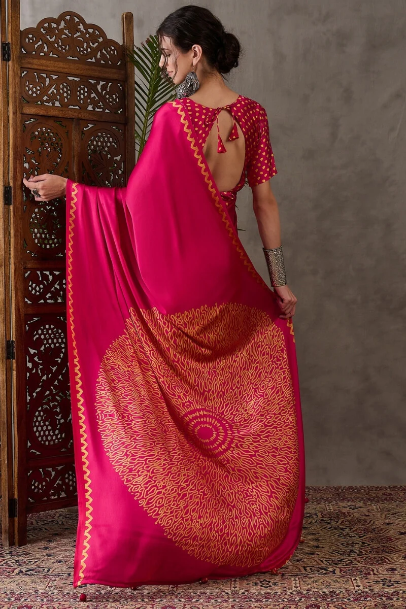 Appealing Dark Pink Ajrakh Printed Semi Modal Silk Saree With Elision Blouse Piece - Image 7