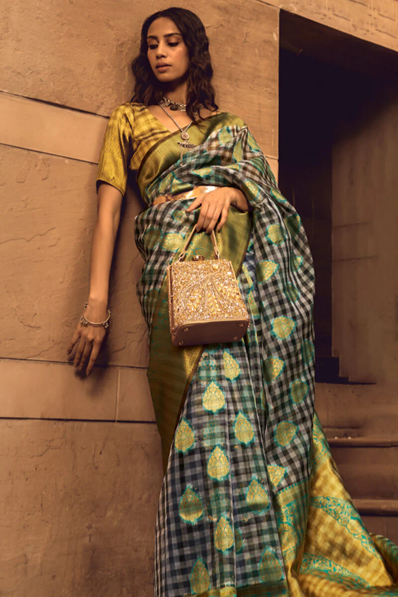 Appealing Grey and Green Soft Banarasi Silk Saree With Radiant Blouse - Image 3