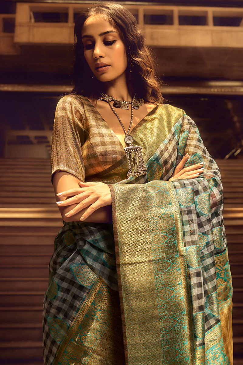 Appealing Grey and Green Soft Banarasi Silk Saree With Radiant Blouse - Image 6
