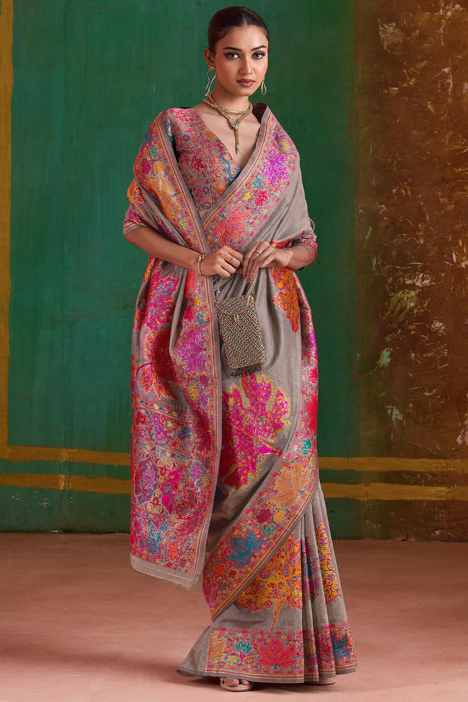 Appealing Grey Pashmina Saree With Charming Blouse Piece - Image 3