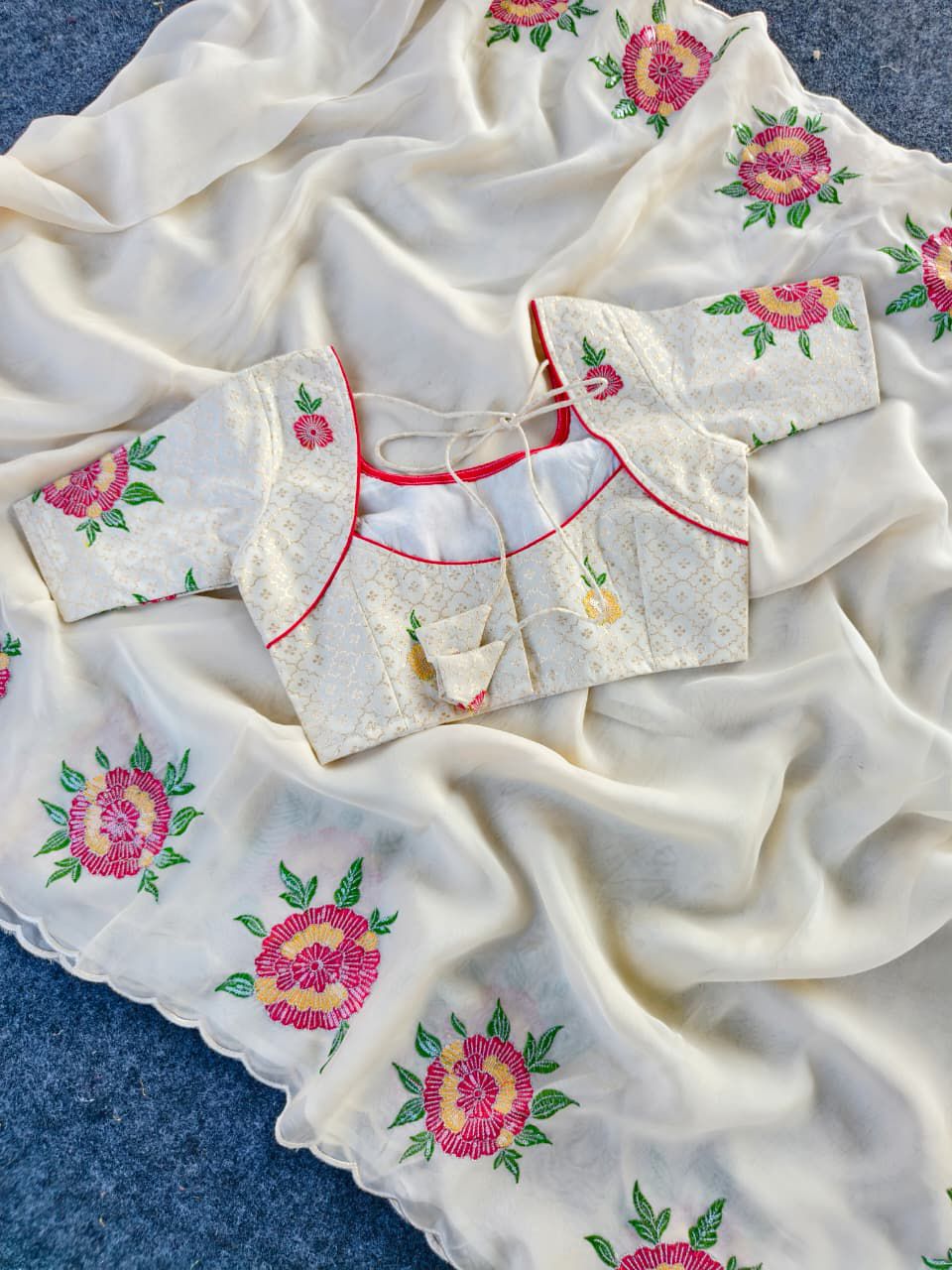Appealing Off White Embroidery Work Organza Silk Saree With Elision Blouse Piece - Image 5