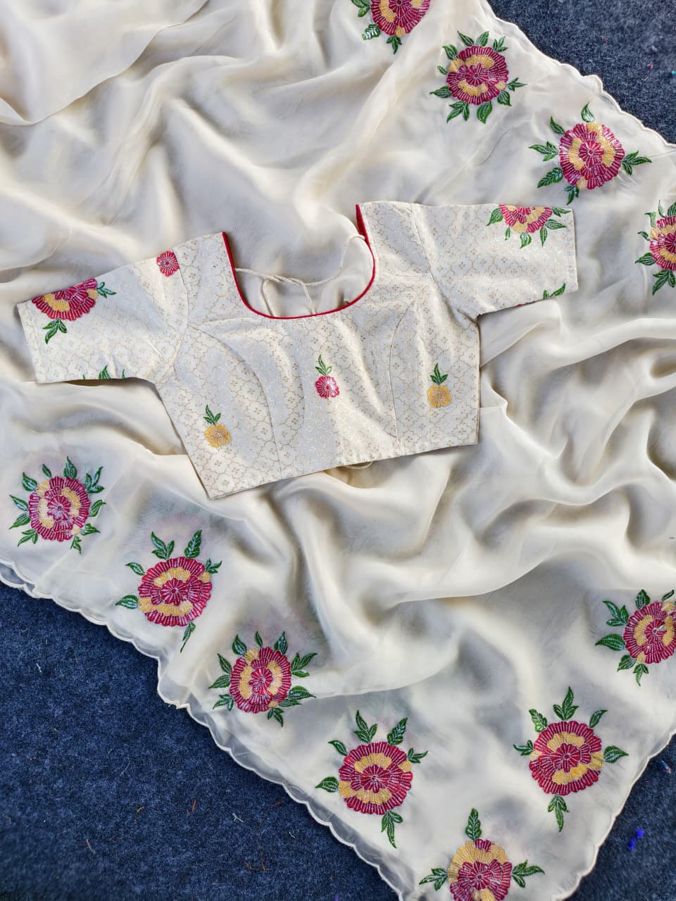 Appealing Off White Embroidery Work Organza Silk Saree With Elision Blouse Piece - Image 6