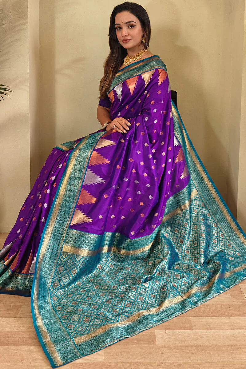 Appealing Purple Soft Banarasi Silk Saree With Elegant Blouse Piece - Image 2