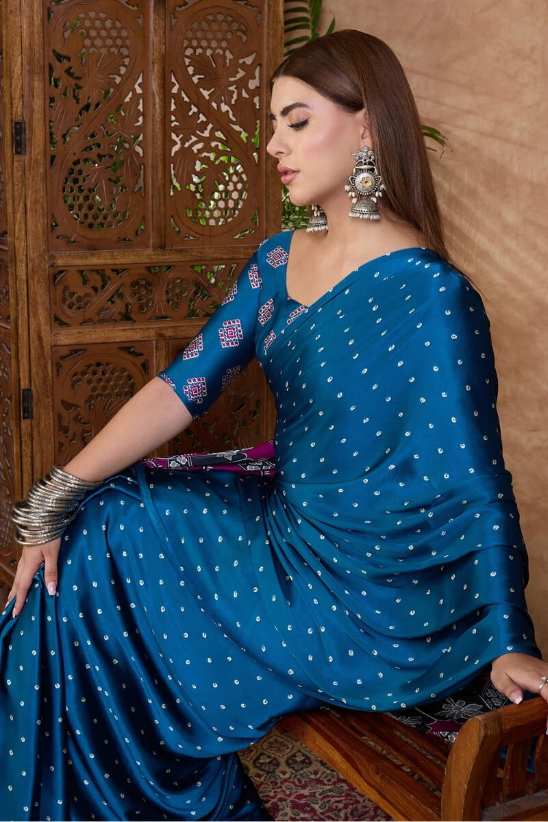 Arresting Blue Ajrakh Printed Semi Modal Silk Saree With Phenomenal Blouse Piece - Image 2