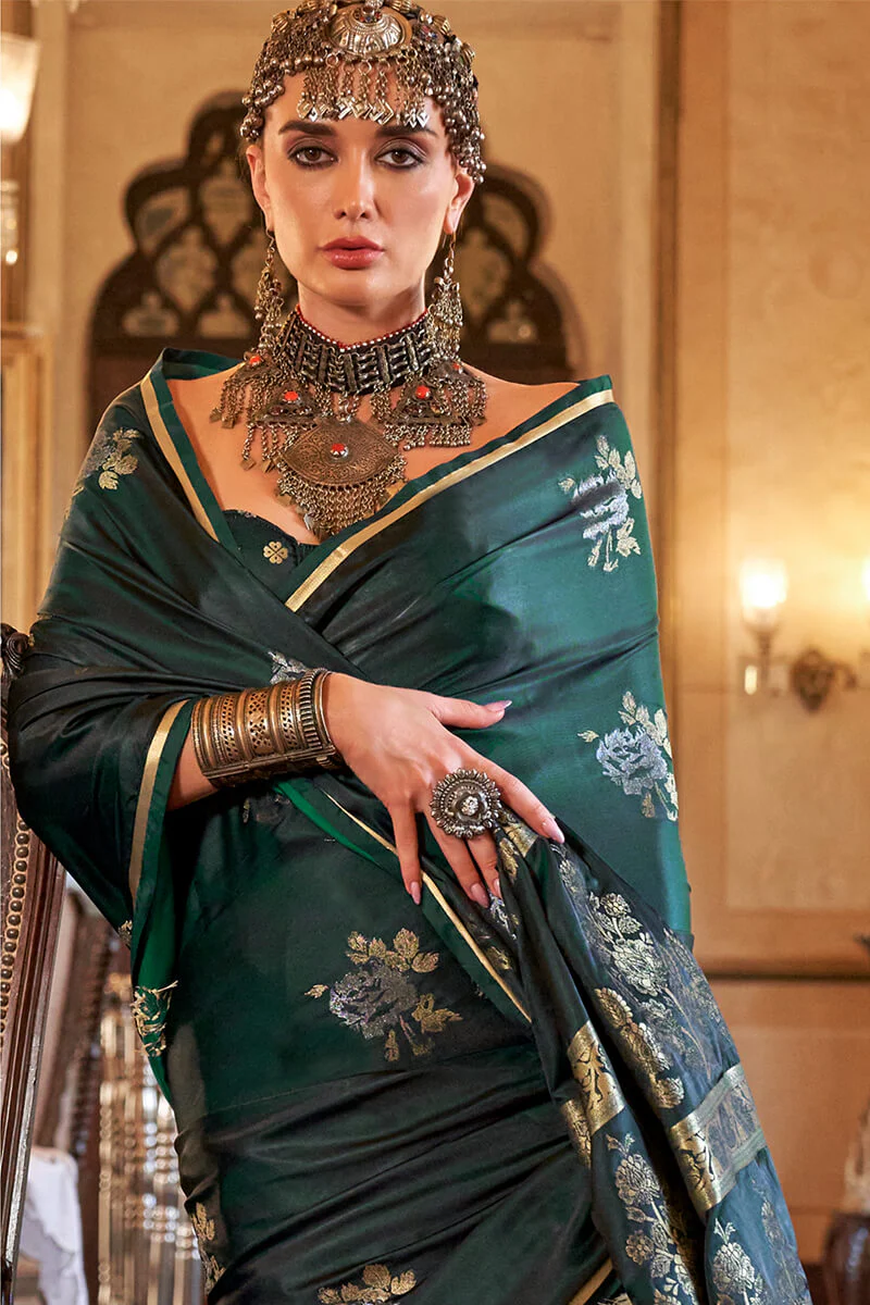 Arresting Dark Green Banarasi Satin Silk Saree With Desiring Blouse - Image 2