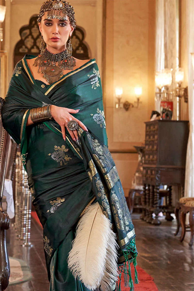 Arresting Dark Green Banarasi Satin Silk Saree With Desiring Blouse - Image 3