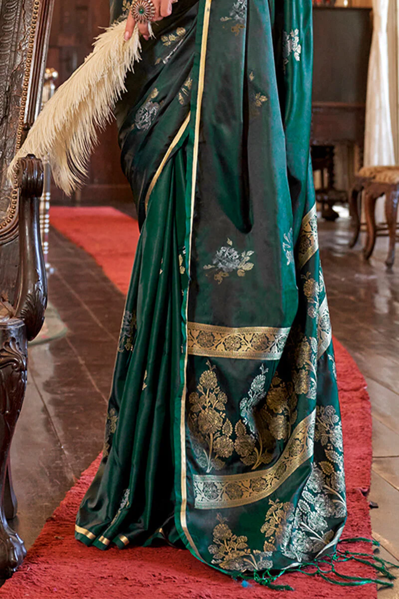 Arresting Dark Green Banarasi Satin Silk Saree With Desiring Blouse - Image 4