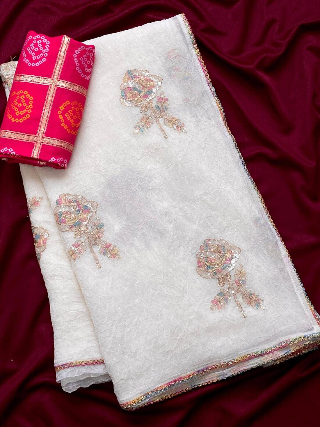 Arresting Off White Sequence Work Crush Silk Saree With Luxuriant Blouse Piece - Image 2