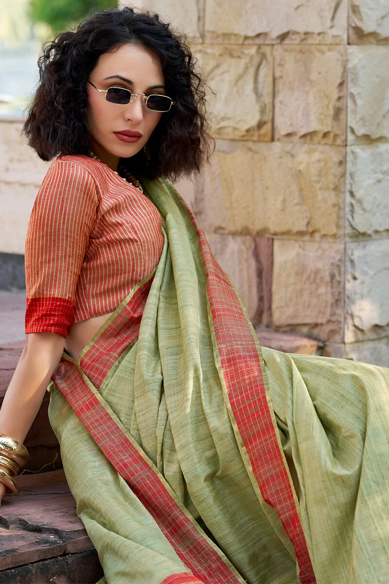Arresting Pista Cotton Silk Saree With Prominent Blouse Piece - Image 2