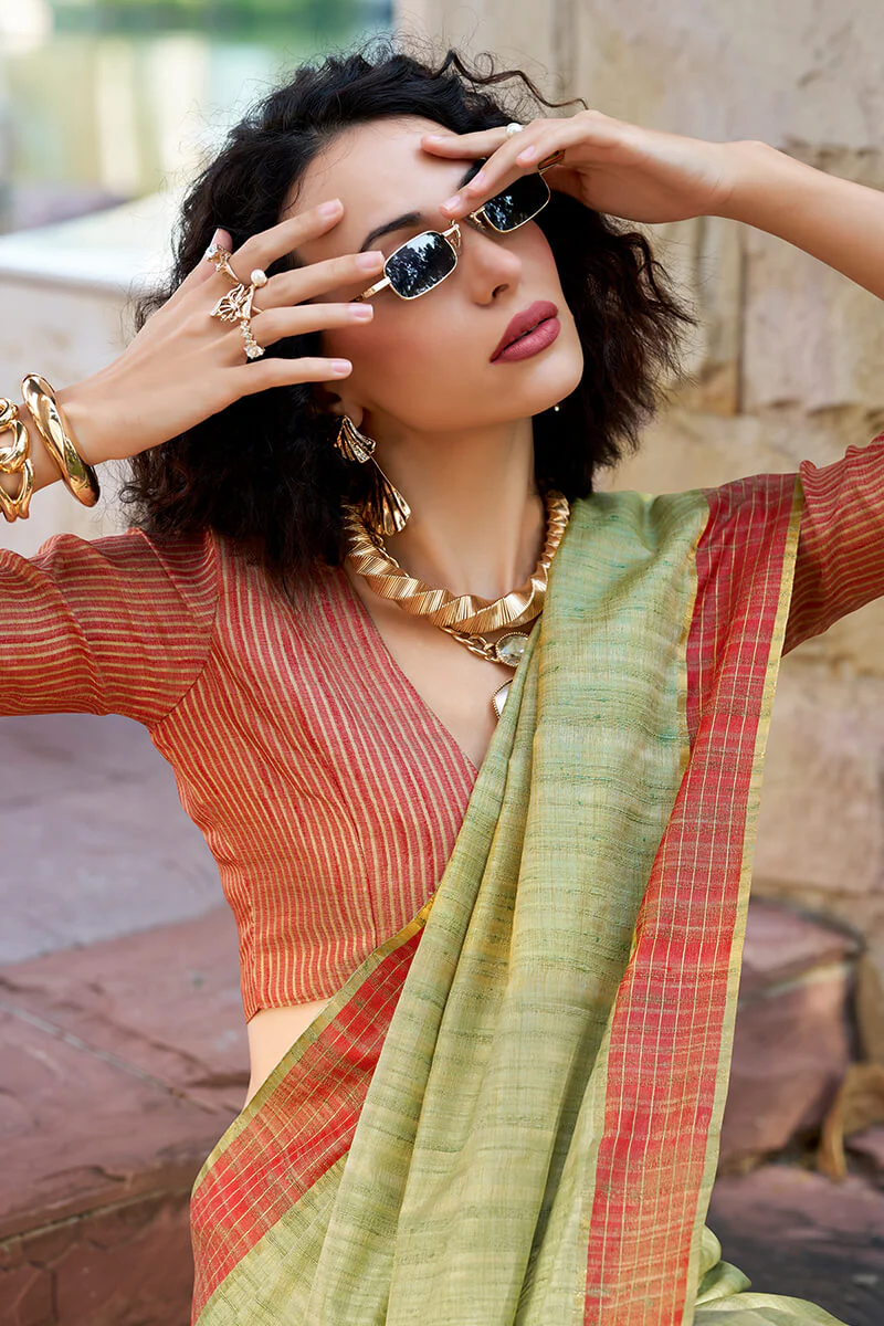 Arresting Pista Cotton Silk Saree With Prominent Blouse Piece - Image 4