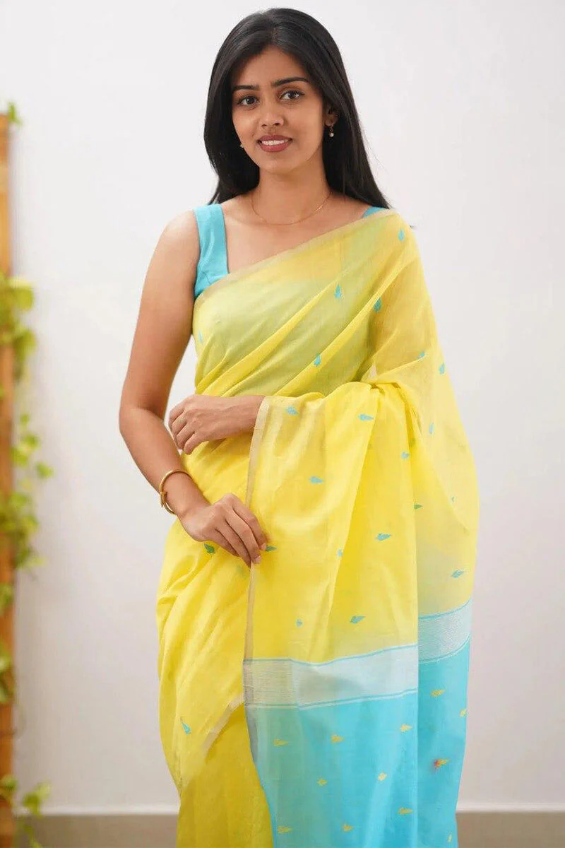 Arresting Yellow Cotton Silk Saree With Jazzy Blouse Piece - Image 2