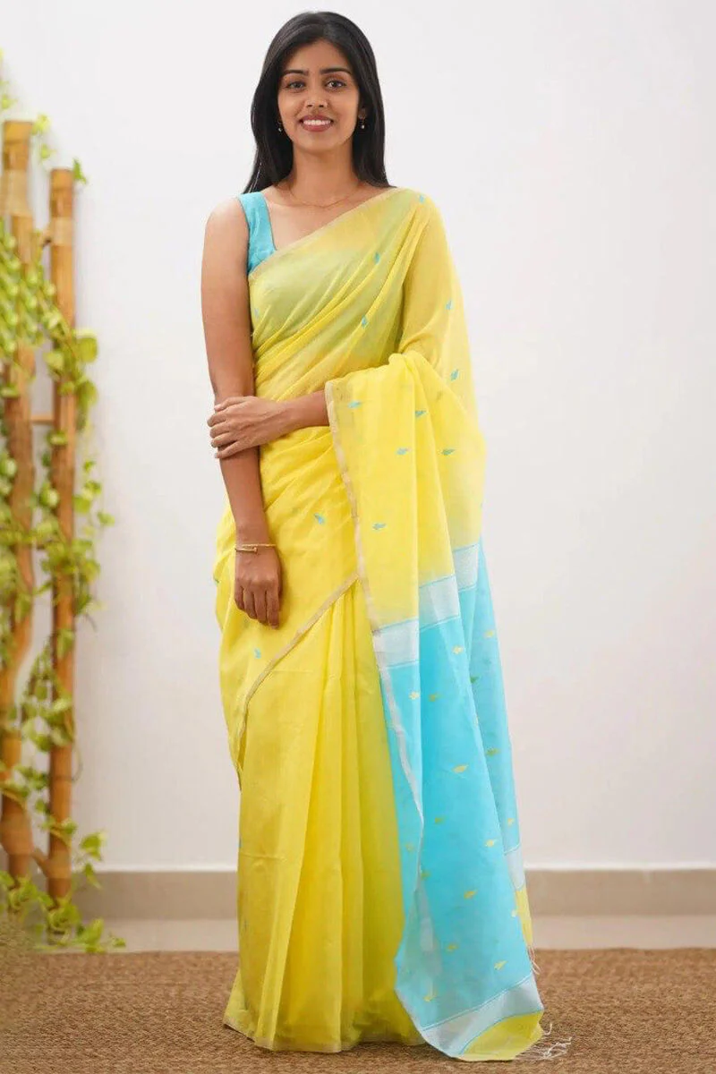 Arresting Yellow Cotton Silk Saree With Jazzy Blouse Piece - Image 7