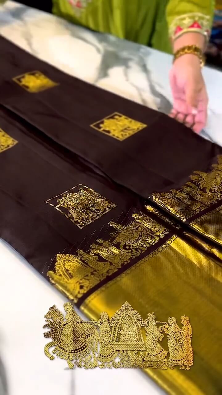 Artistic Brown Soft Banarasi Silk Saree With Snappy Blouse Piece - Image 7
