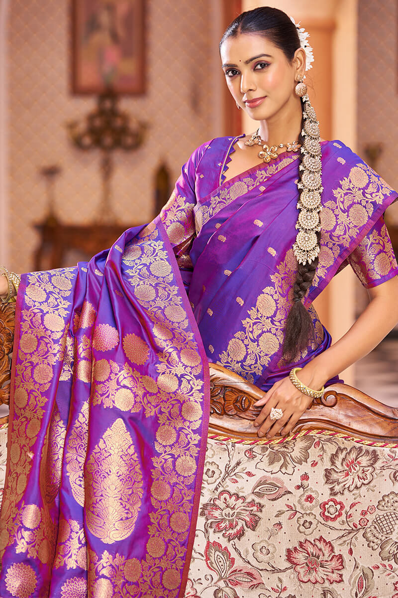 Artistic Purple Soft Banarasi Silk Saree With Dissemble Blouse Piece - Image 2