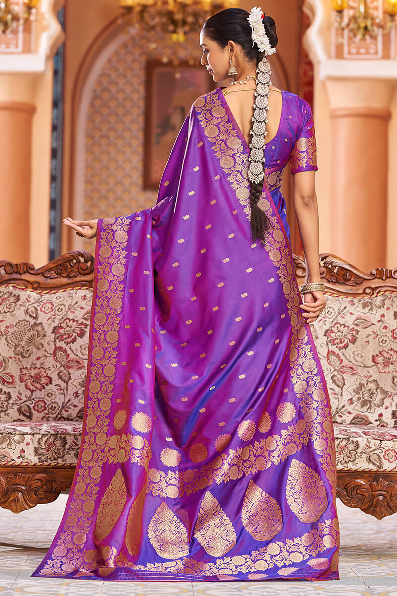 Artistic Purple Soft Banarasi Silk Saree With Dissemble Blouse Piece - Image 5