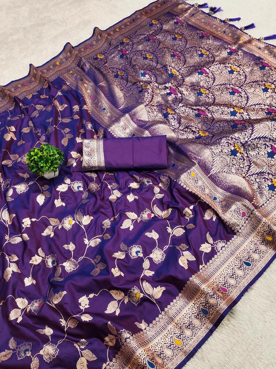 Artistic Royal Purple Pure Zari Weaving Banarasi Silk Saree With Impressive Blouse Piece