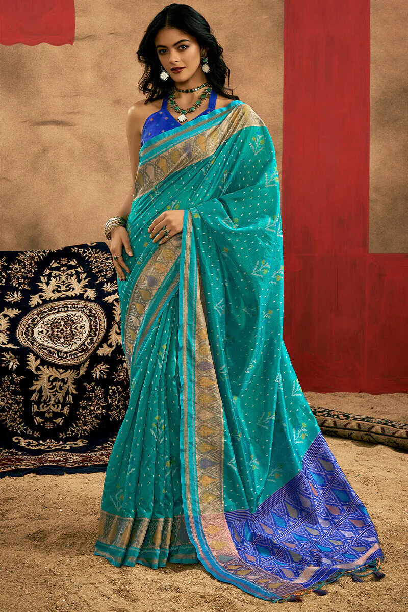 Artistic Turquoise Soft Banarasi Silk Saree With Beautiful  Blouse Piece