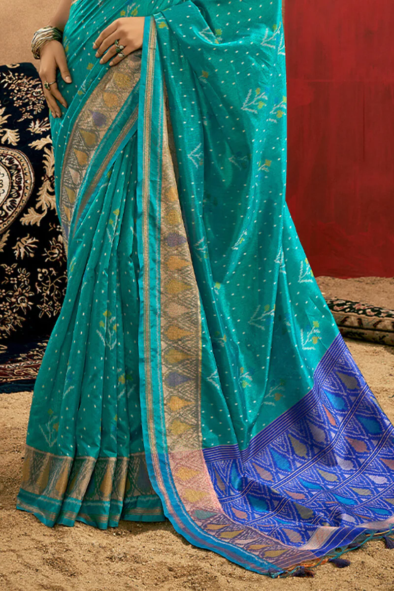 Artistic Turquoise Soft Banarasi Silk Saree With Beautiful  Blouse Piece - Image 3