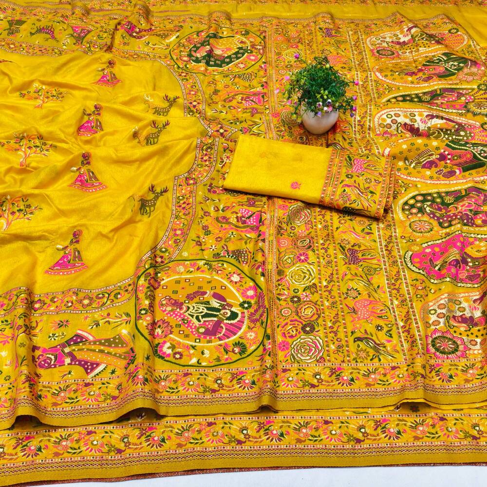Artistic Yellow Nylon Dola Pashmina Saree With Lagniappe Blouse Piece - Image 4