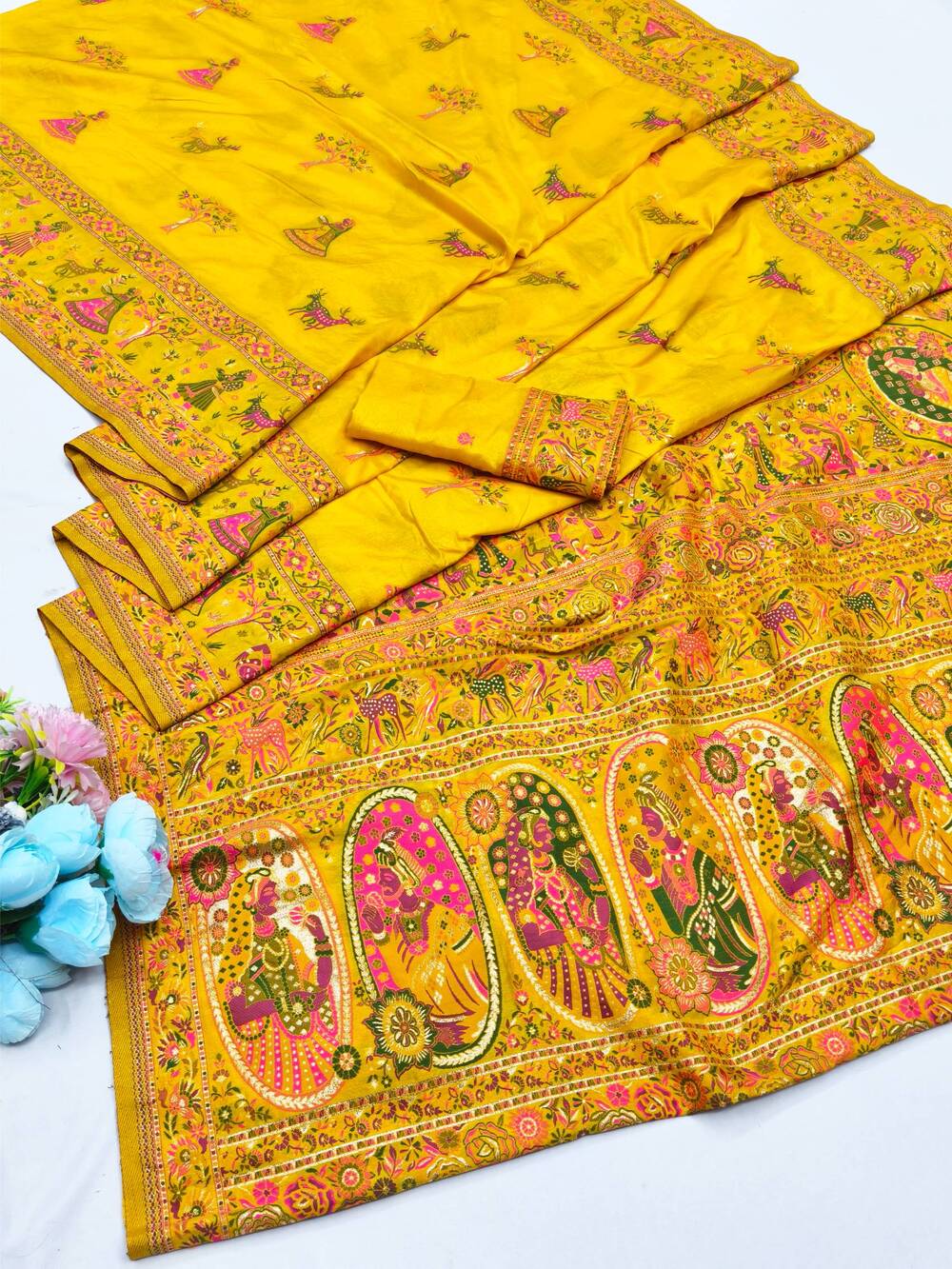 Artistic Yellow Nylon Dola Pashmina Saree With Lagniappe Blouse Piece - Image 5
