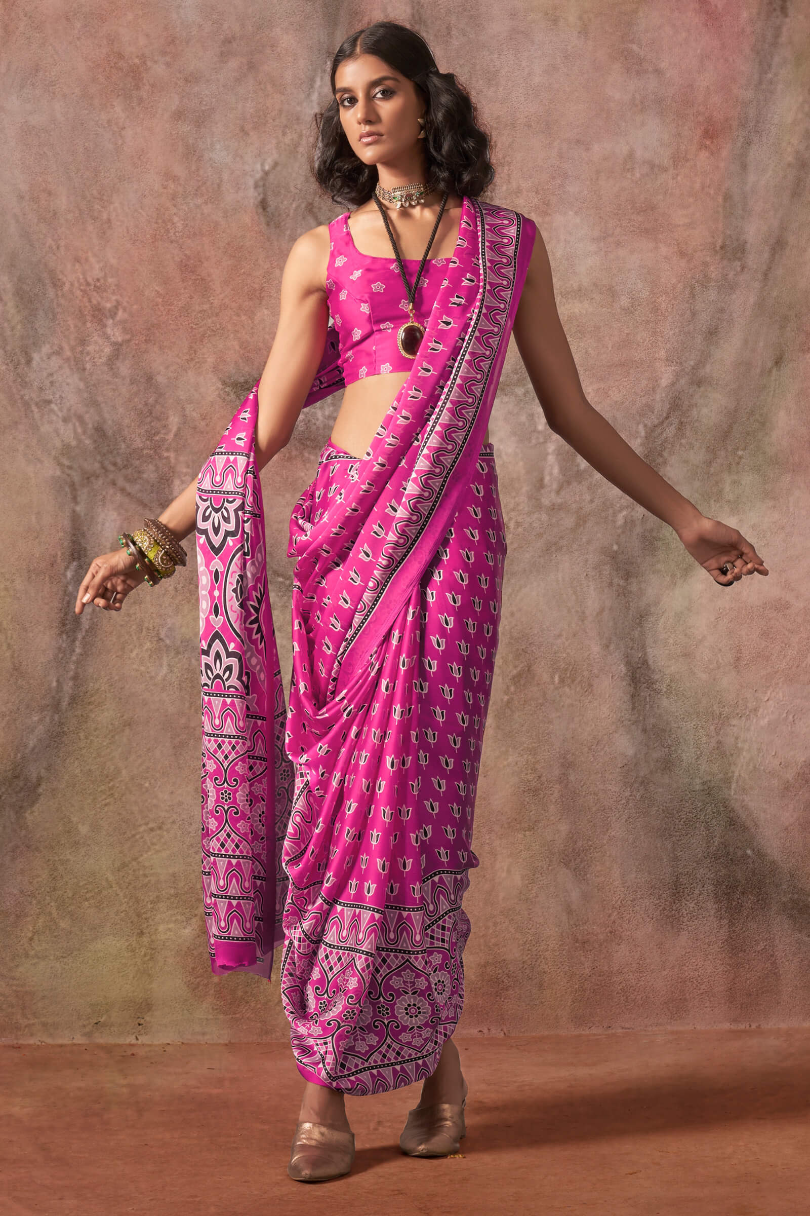 Assemblage Dark Pink Ajrakh Printed Satin Silk Saree With Sophisticated Blouse Piece - Image 3