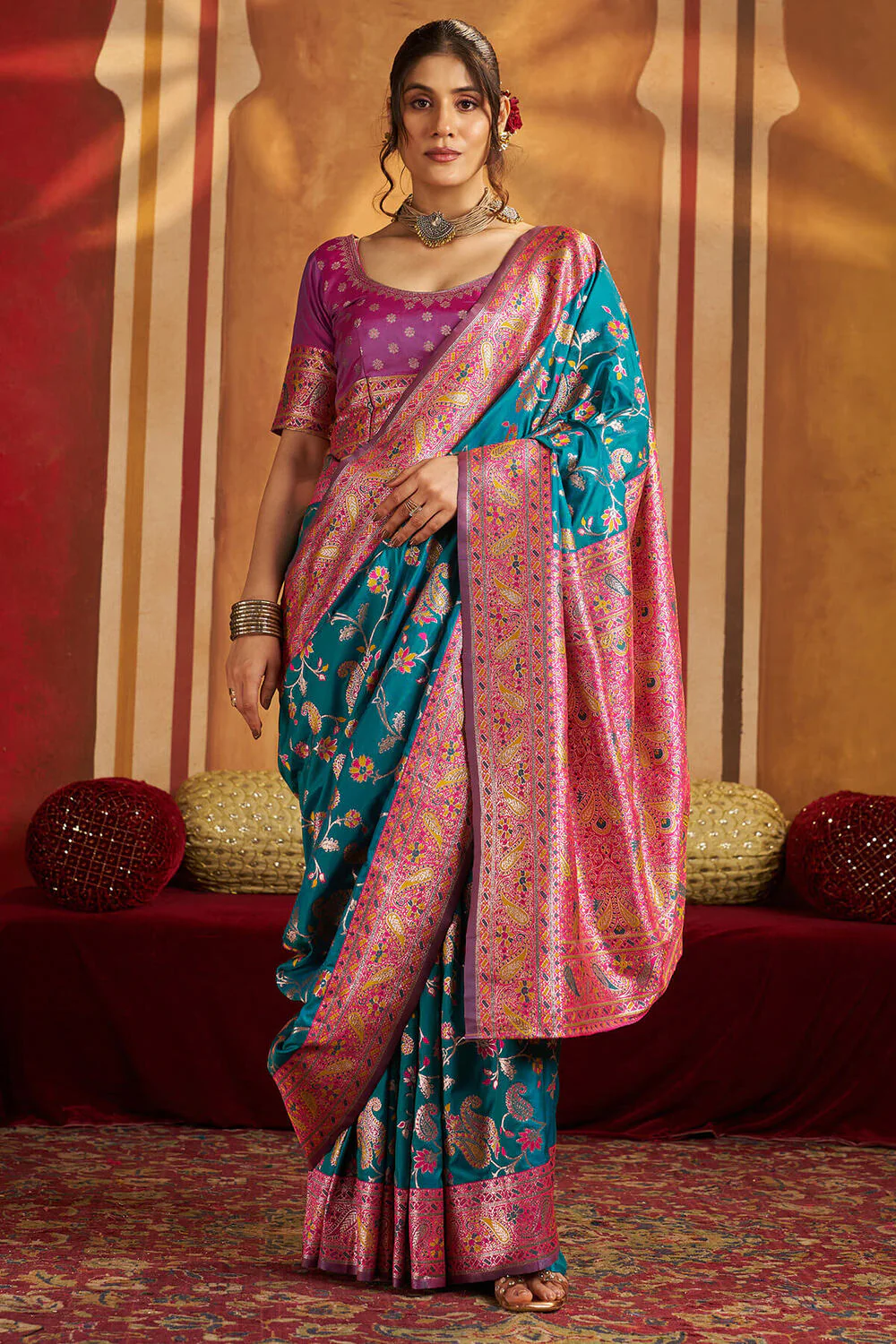 Assemblage Firozi Pure Zari Weaving Banarasi Silk Saree With Ravishing Blouse Piece - Image 3