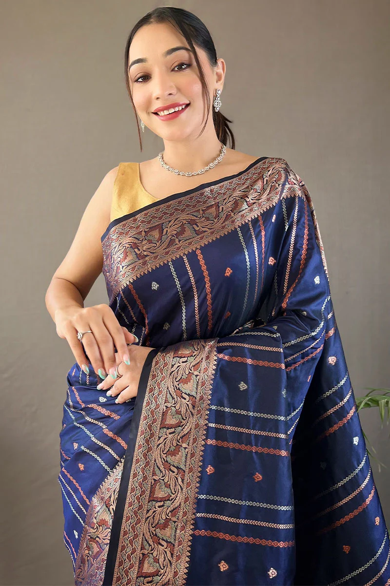 Assemblage Navy Blue Soft Banarasi Silk Saree With Beauteous Blouse Piece - Image 2