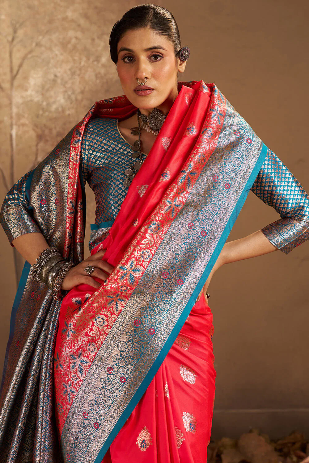 Assemblage Red Pure Zari Weaving Banarasi Silk Saree With Demanding Blouse Piece - Image 2