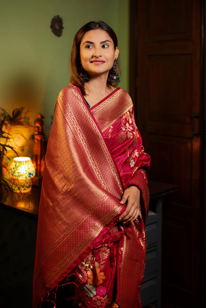 Assemblage Red Soft Banarasi Silk Saree With Dalliance Blouse Piece - Image 2