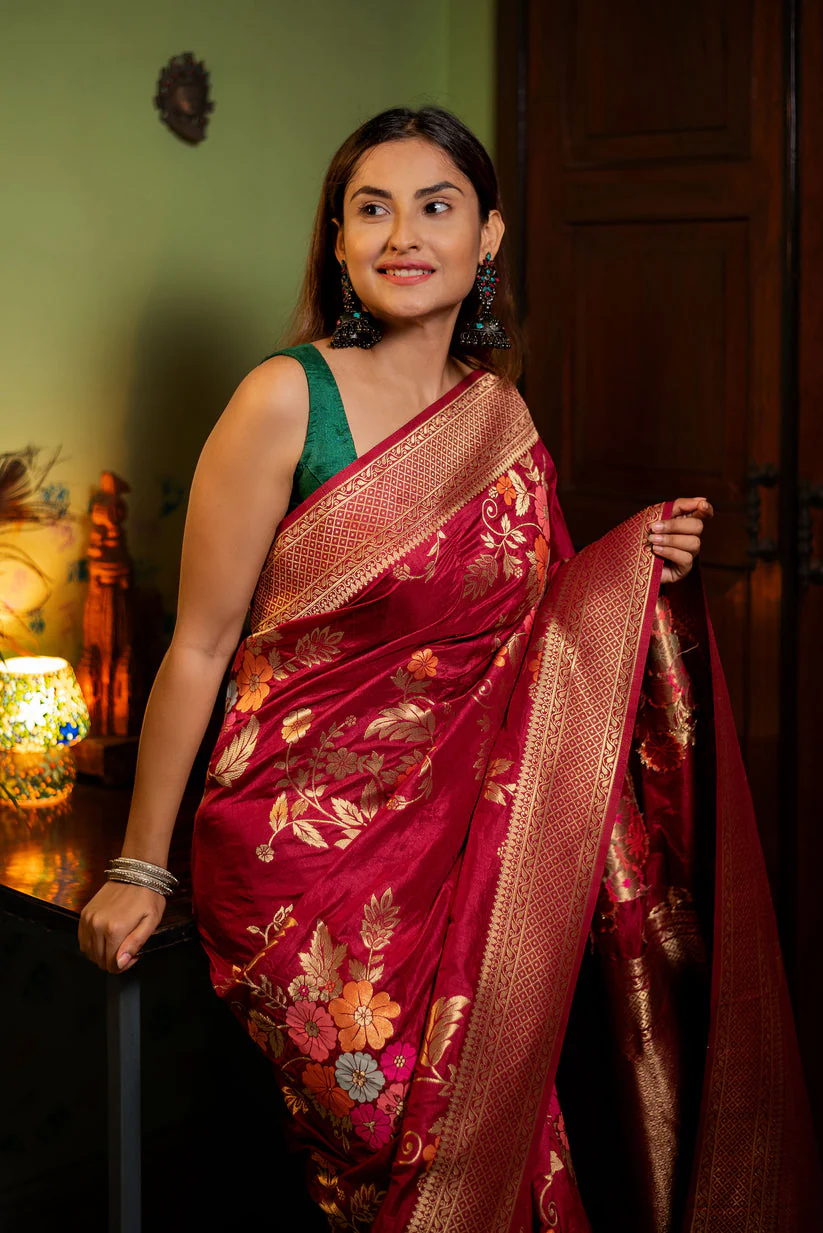 Assemblage Red Soft Banarasi Silk Saree With Dalliance Blouse Piece - Image 6